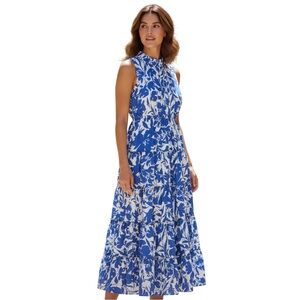 Msk Floral-Print Tiered Maxi Dress, Sleeveless, High Neck, Blue & White, Sz Med